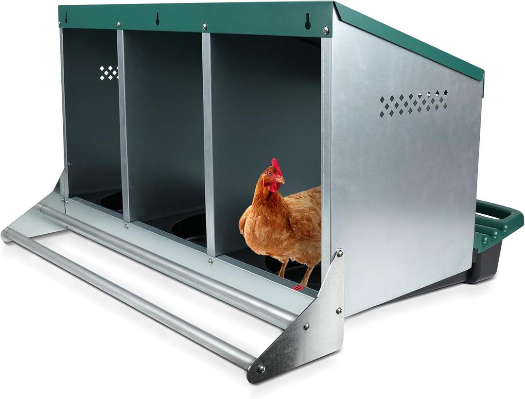 Chicken Nesting Box, 3 Holes Nesting Boxes, Heavy Duty Metal Laying Boxes, Roll Away Nesting Box Egg Collection Tray, with Roosting Pole for Chicken Coop(Green)