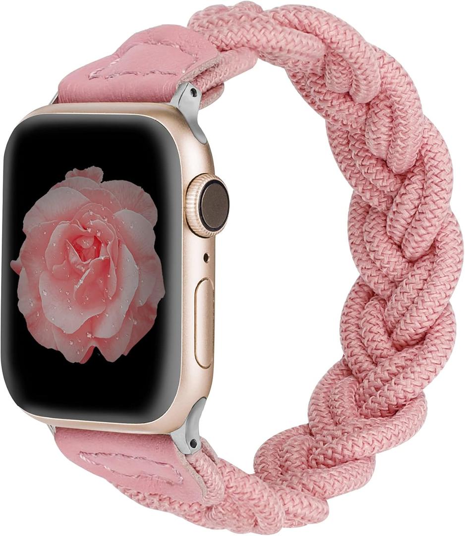 Wearlizer Stretchy Braided Band Compatible with Apple Watch Bands Women 38mm 40mm 41mm 42mm 44mm 45mm 46mm 49mm Slim Elastic Solo Loop Strap Woven for iWatch Series 11 10 9 8 7 6 5 4 3 SE/Ultra 3 2 1 (Pink)