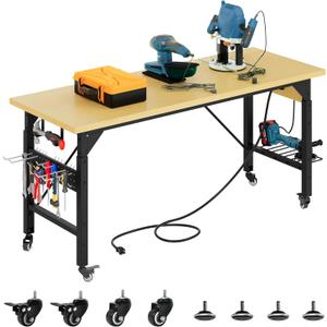 YITAHOME 60" Adjustable Workbench with Wheels, Built-in AC/USB Outlets,1600 LB Capacity Heavy-Duty Tool Work Bench for Garage, Workshop, Office, or Outdoor Work Table
