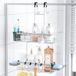 Aitatty Over the Door Hanging Shower Caddy: Rustproof Hanging Organizer over the Door  No Drilling Bathroom Rack for Inside Shower Chrome
