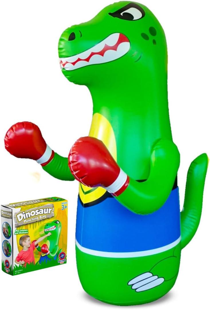 Inflatable Dinosaur Punching Bag for Kids  Bop Bag for Toddlers and Children Ages 3-14  47" Blow Up Toy with Bounce-Back Action  Fill Base with Sand or Water (Green)