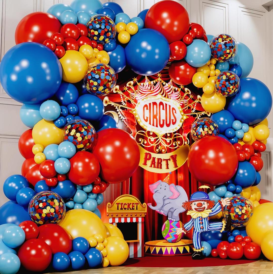 ALL-IN-1 Circus Balloons Arch Kit & Garland for Carnival Party Decorations Theme  Primary Color Balloons in Red Blue Yellow & Rainbow Confetti  Baby Shower Circus Birthday Party Supplies
