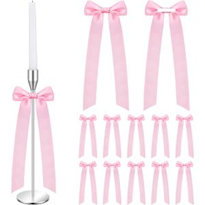 12 Pcs Pink Candlestick Bows Decor 13 Inch Large Coquette Decorations Bows for Table Self Adhesive Candle Holder Gift Wrapping Wedding Bridal Shower Bachelorette Party Centerpieces
