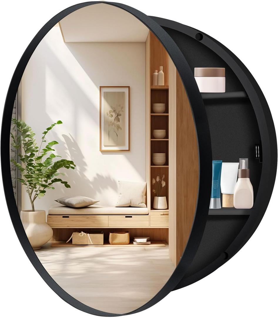 24 Inch Round Medicine Cabinet with Mirror,Farmhouse Black Bathroom Medicine Cabinet for Wall Metal Framed, Surface Mount Only Circular Storage Cabinet with Vanity Mirror