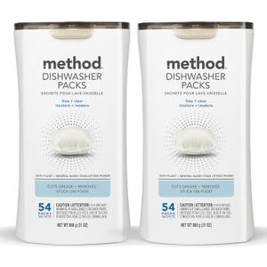 Method Dishwasher Detergent Packs, Fragrance Free + Clear, Dishwashing Rinse Aid to Lift Tough Grease and Stains, 54 Dishwasher Tabs per Package, (Pack of 2)