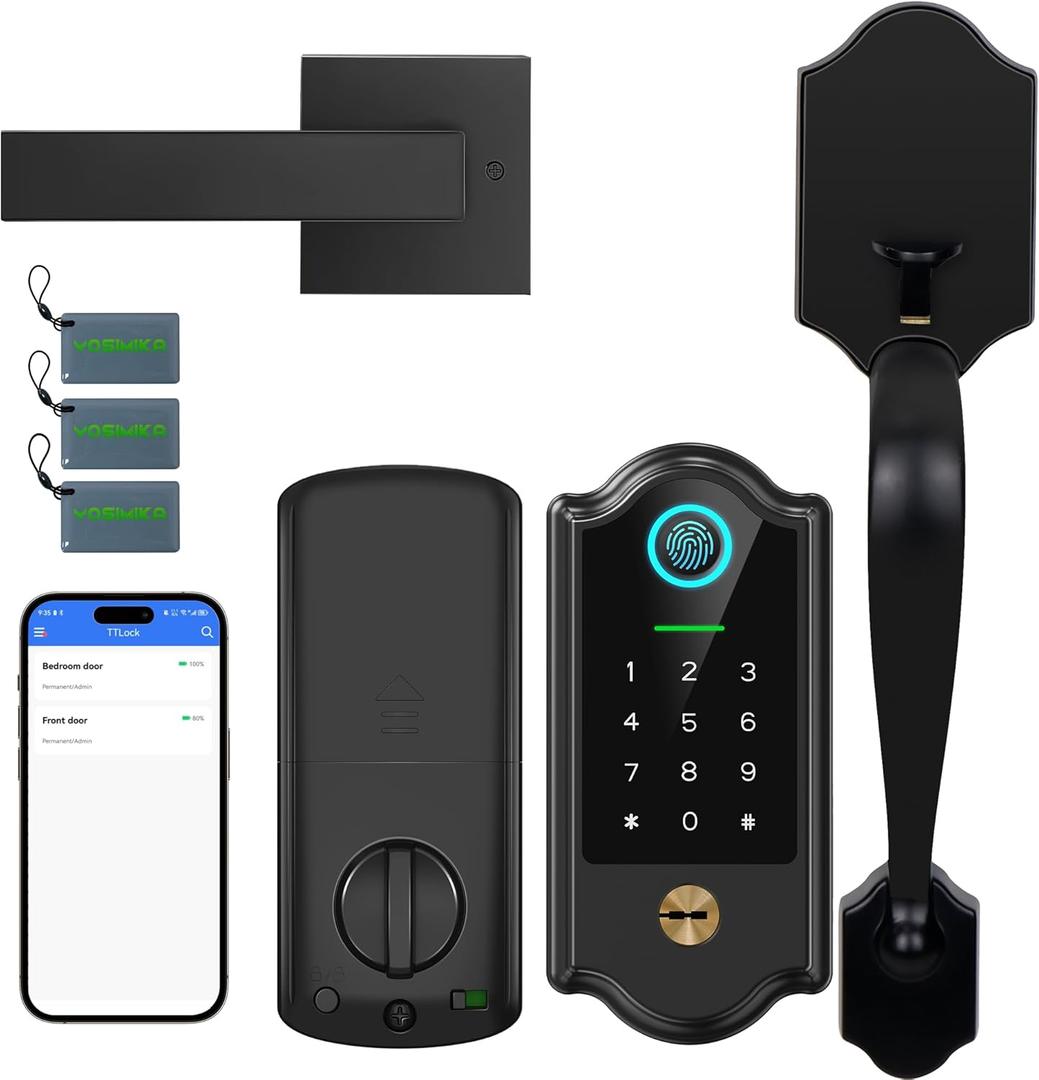 Smart Fingerprint Door Lock for Front Door  Keyless Entry Deadbolt with Handle Set, Digital Keypad, App Control, Auto Lock, Easy Install, Matte Black