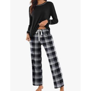 Ekouaer Womens 2 Piece Pajama Set Long Sleeve PJs with Plaid Pants Drawstring Elastic Waist Sleepwear Lounge Set (M, Black Plaid)