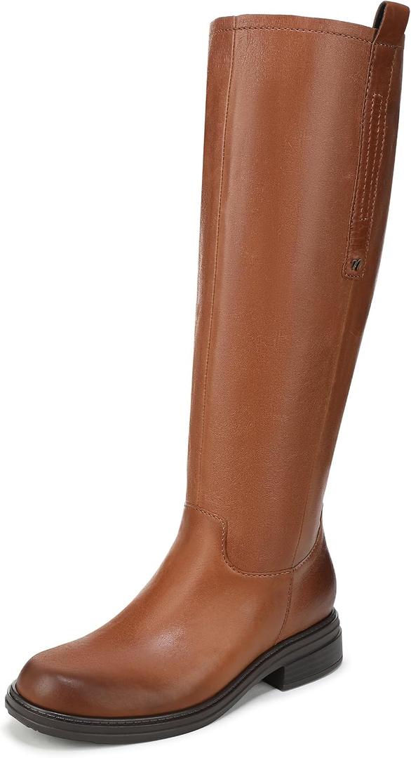 Naturalizer Womens Ontime Knee High Boot English Tea Brown Leather 8 M, Shaft circumference 15.91 Inches, 
Leather or suede upper with closed round toe and 1 3/8 inch block heel. Soft, supple leather drapes into a relaxed slouch.