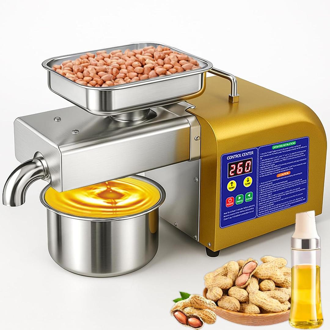 Oil Press Machine, 1800W Automatic Electric Oil Maker for Home & Commercial, Stainless Steel Oil Extractor for Cold & Hot Press for Seed, Nut, Peanut, Olive Kernel, Sesame, Sunflower, Walnut. Bucket dented