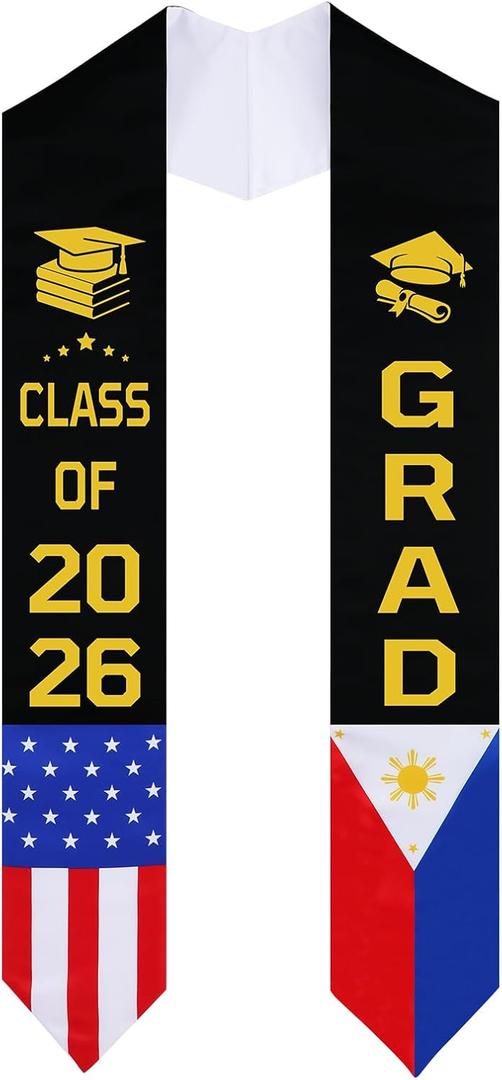 Cosweet 73" Dual Flag Graduation Stole - Class of 2026 Graduation Sash with Country & USA Flags, Grad Gift for Women Men