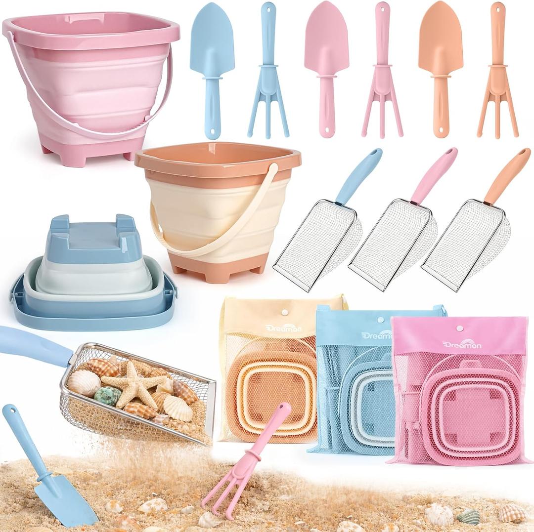 Beach Sand Toys Mesh Shovel Set for Kids, 3 Pack Collapsible Sand Buckets and Filter Sand Scooper with Mesh Bag for Shell Collecting, Shark Tooth Sifter Dipper Sandbox Toys for Toddlers Boys Girls