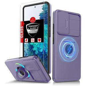 for Samsung Galaxy S20FE Case Magnetic Compatible with MagSafe Wireless Charging,with 2 Screen Protectors,Built-in Stand Ring+Camera Cover Anti-Scratch Shockproof Heavy Duty Protection Purple