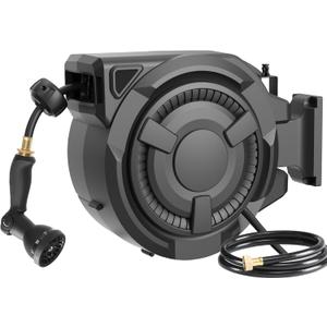 Retractable Garden Hose Reel 1/2 in x 100 ft, Heavy Duty Wall Mounted Hose Reel with 10- Function Sprayer Nozzle, Any Length Lock/Automatic Slow Return System/180Swivel Bracket/UV Resistant, Black