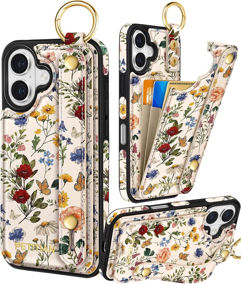 Petitian for iPhone 16 Wallet Case - Women Girls Cute Girly Aesthetic Unique Design Leather Credit Card Holder Cardholder Stand Wristband for iPhone 16, Vin Flower