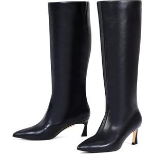 GENSHUO Knee High Boots Women Pointed Toe 2.3 Inches Kitten Heel Tall Boots Classic Fashionable Long Boots with Side Zipper, Black, US 8,5