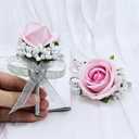 6Pcs Light Pink Corsage and Boutonniere Set, Artificial Rose Wrist Corsage Bracelets, Men Boutonniere for Wedding Decorations Prom Anniversary Party Suit Flower Accessories