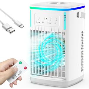 Portable Air Conditioners with Remote, 1500ml Water Tank, 3 Wind Speeds, 4-in-1 Portable AC with 6H Timer, 2 Cool Mist, 7 Lights, Personal Mini Air Cooler Fan for Room Bedroom Office (White)