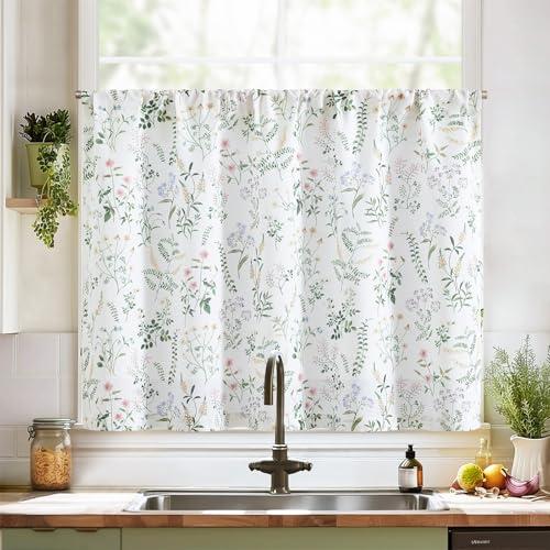 jinchan Spring Floral Kitchen Curtain Over Sink Farmhouse Linen Tier Curtain 24 Inch Length Cafe for Living Room Bathroom Botanical Small Drapes Rustic Light Filtering Rod Pocket 1 Panel Green, 50"W x 24"L (Pack of 1)