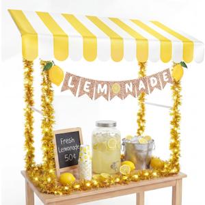 7 Pcs Lemonade Stand Supplies Lemonade Bar Party Decorations with 1 Set Plastic Stand 1 Yellow and White Striped Sunshade Cloth 4 Yellow Tinsel 1 Banner Sign for Outdoors Summer Party Supplies