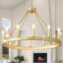 Gold Wagon Wheel Chandelier Farmhouse 32-Inch, 12-Light Modern Gold Chandelier for Dining Room, Round Iron Industrial Chandeliers Light Fixture for Living Room, Foyer, Entryway, E12