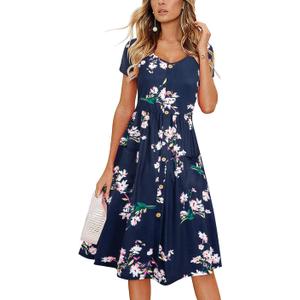 VOTEPRETTY Women's Short Sleeve V Neck Sundress Summer Casual Button Floral Dress with Pockets, Large