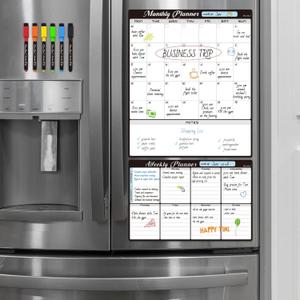 Magnetic Dry Erase Monthly Calendar Set - 15.5"x13" Monthly and 8.5"x13" Weekly Calendar for Fridge - 6 Extra Fine Point Markers Included - Shipped Flat