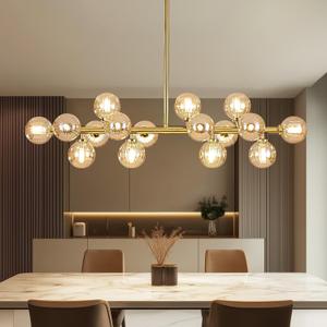 Glass Globe Sputnik Chandelier, 16-Light Mid Century Modern Light Fixture Over Table, Linear Chandeliers for Dining Room, Kitchen Island, Brass Gold and Amber Bubble, 40 Inch, GC-02