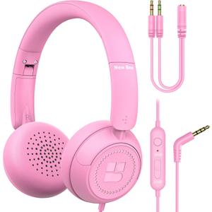 New bee Kids Headphones for School with Microphone HD Stereo Safe Volume Limited 85dB/94dB Foldable Lightweight On-Ear Headphone for Girls/PC/Mac/Kindle/Tablet/Pad (Pink)