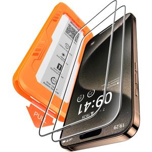 BossKiss for iPhone 15 Pro Max Screen Protector 6.7 inch, [TOP 9H+ Hardness] [Military Grade Shatter Protection] [Sensitive Touch] [HD Clear Tempered Glass] Full Coverage Easy Installation 2 Pack