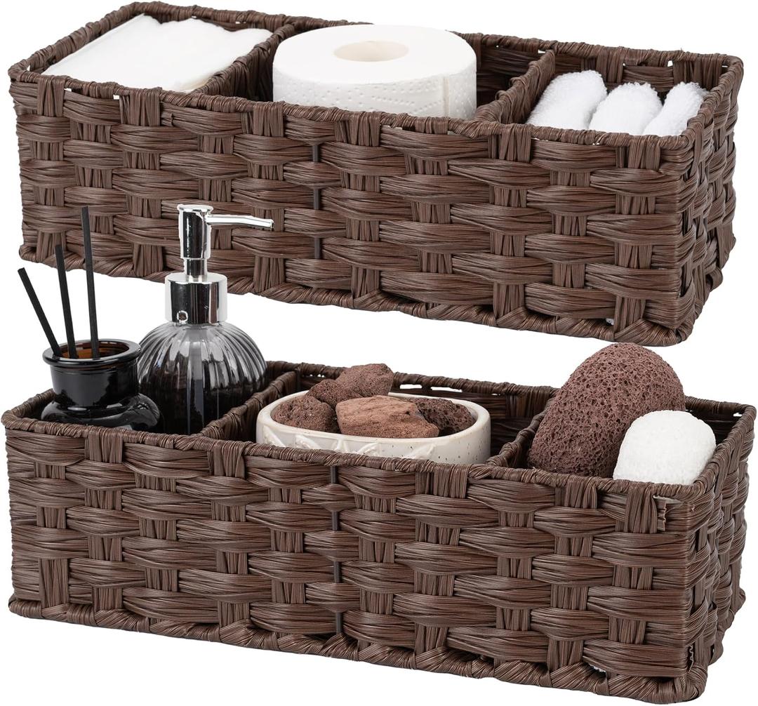 GRANNY SAYS Bathroom Baskets for Organizing, Wicker Baskets for Shelves, Toilet Storage Basket with Dividers, Small Basket for Organizing, Brown, 2-Pack