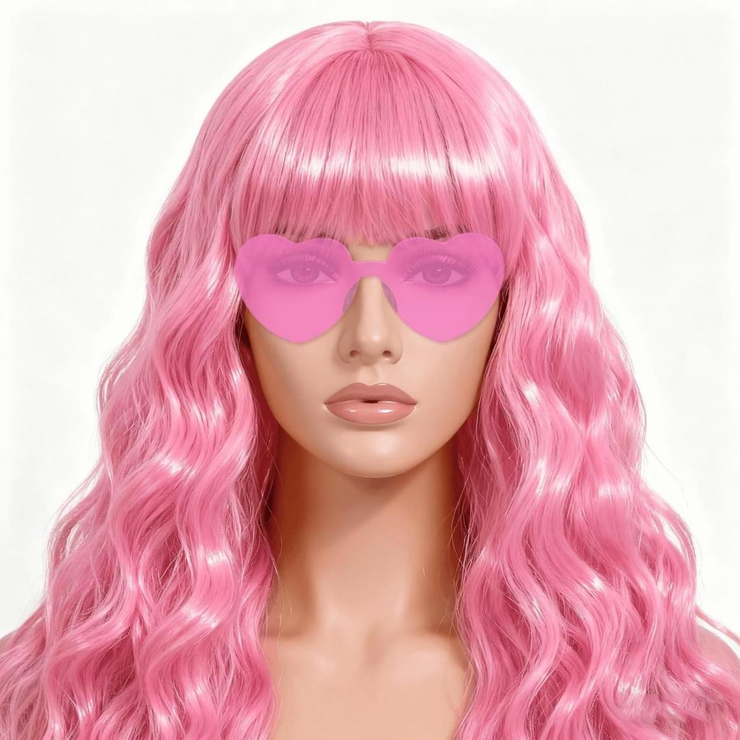 Long Curly Wave Wig with Heart Sunglasses and Hair Cap  Set of 3 | Colorful Colored Party Wigs Funny Costume Hairpieces for Halloween Cosplay (Light Pink)