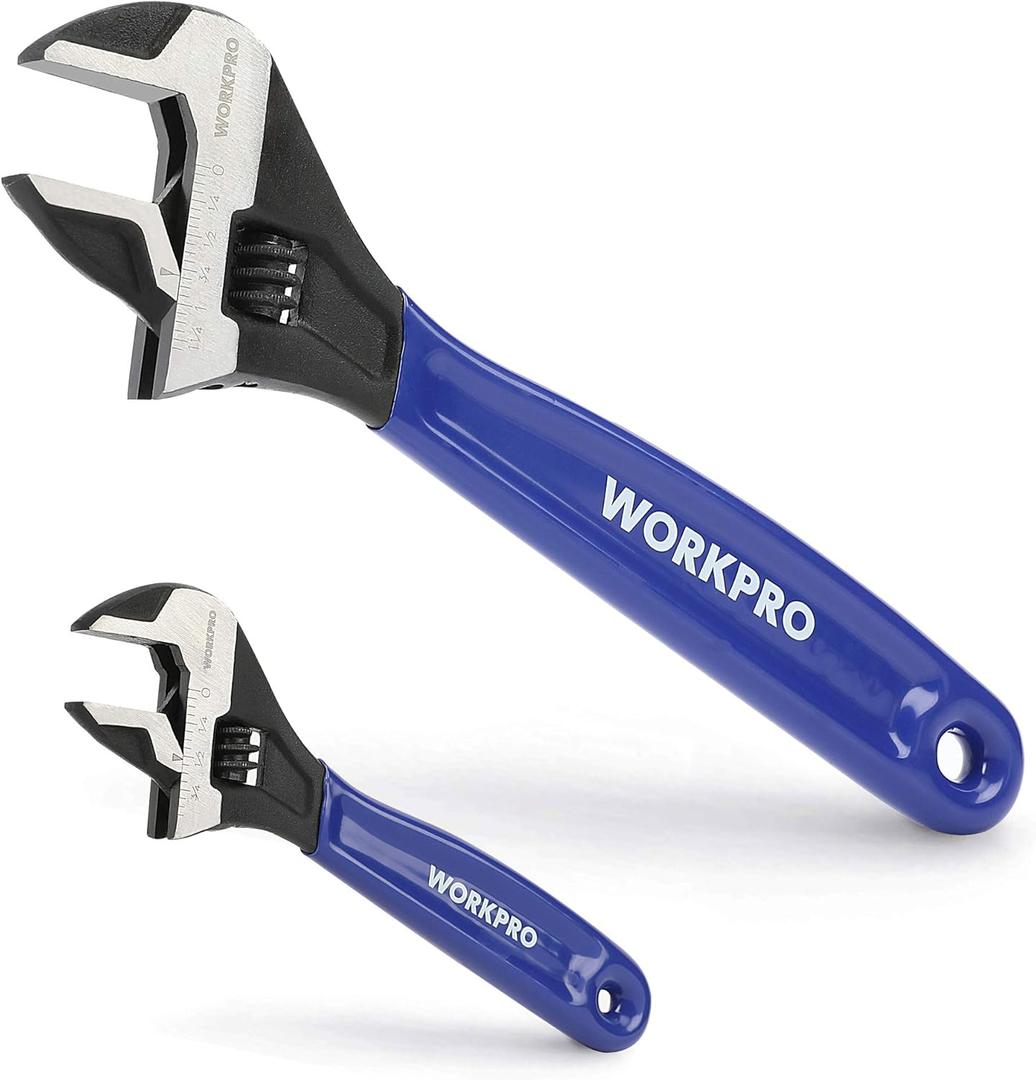 WORKPRO 2-Piece Adjustable Wrench Set, 10-Inch Wide Jaw Black Oxide Wrench, Cr-V Steel, Metric & SAE Scales, Max Jaw Opening 15/16" & 1-5/16", for Home Repairs, Plumbing, Garage Work (Blue)