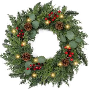 Christmas Wreath with Lights 24 Inch Real Touch Pine Wreath with Red Berries/Pine Cone Prelit Christmas Wreaths for Front Door Outdoor Christmas Decorations Winter Wreath for Windows Indoor Holiday