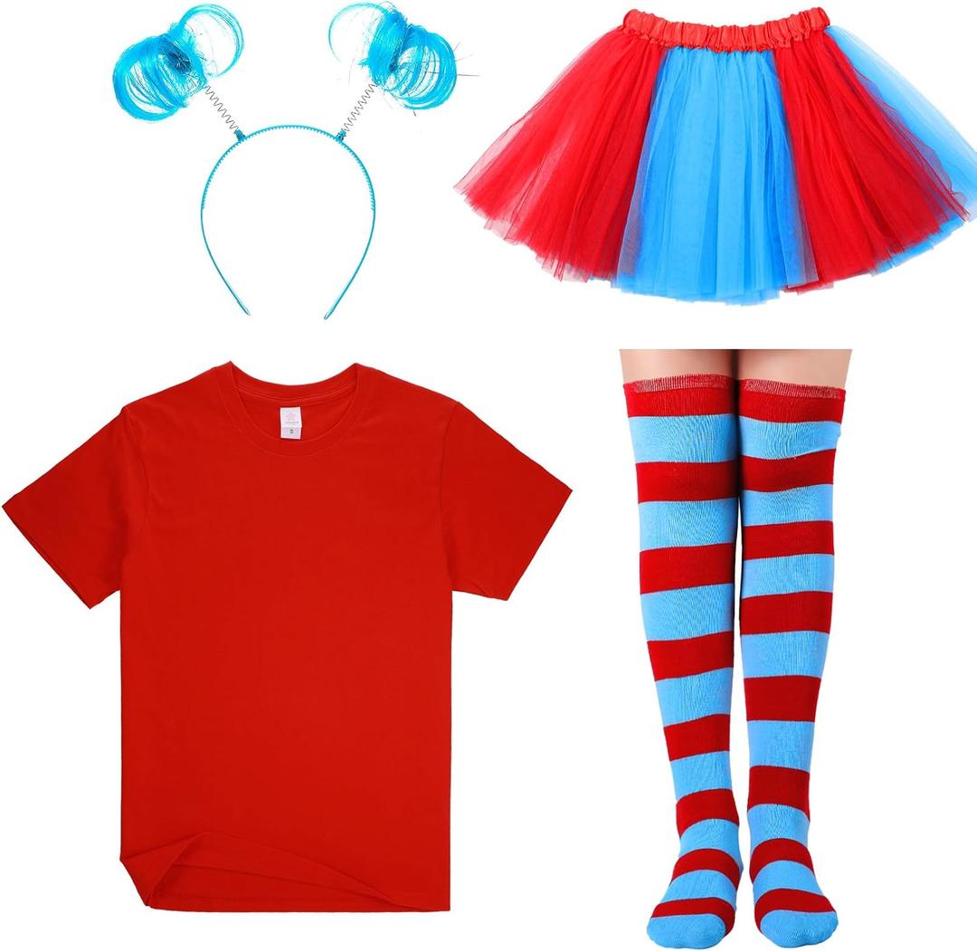 Women Tulle Tutu Costume Accessories Set, Women T Shirt Striped Thigh High Socks Adult Tutu Skirt Blue Headband (Large, Funny Color)