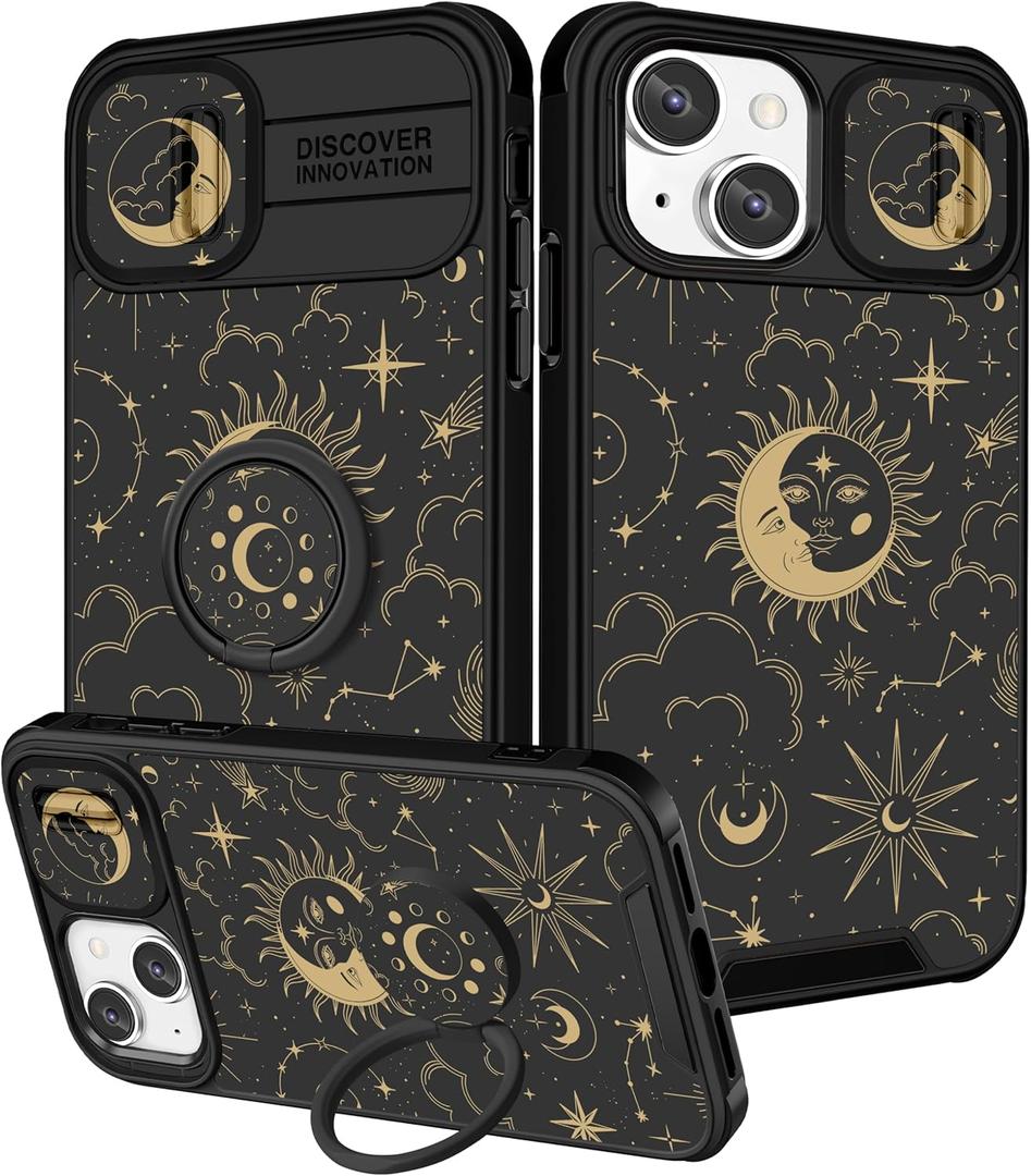Funermei for iPhone 14/for iPhone 15 Plus Case - Women Girls Cute Phone Cover Girly Pretty Aesthetic Sun Moon Stars Unique Design with Camera Cover Funda for Apple for iPhone 14/for iPhone 15 Plus