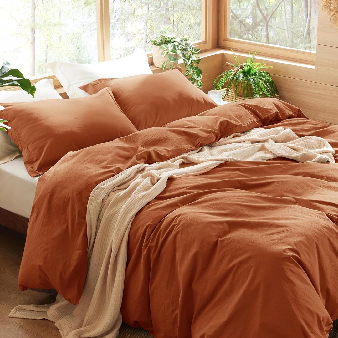 Bedsure 100% Washed Cotton Duvet Cover Queen Size - Burnt Orange Minimalist Duvet Cover Linen Like for All Seasons - GentleSoft™ Plain Simple Bedding, 3 Pieces (Burnt Orange, Queen, 90"x90")