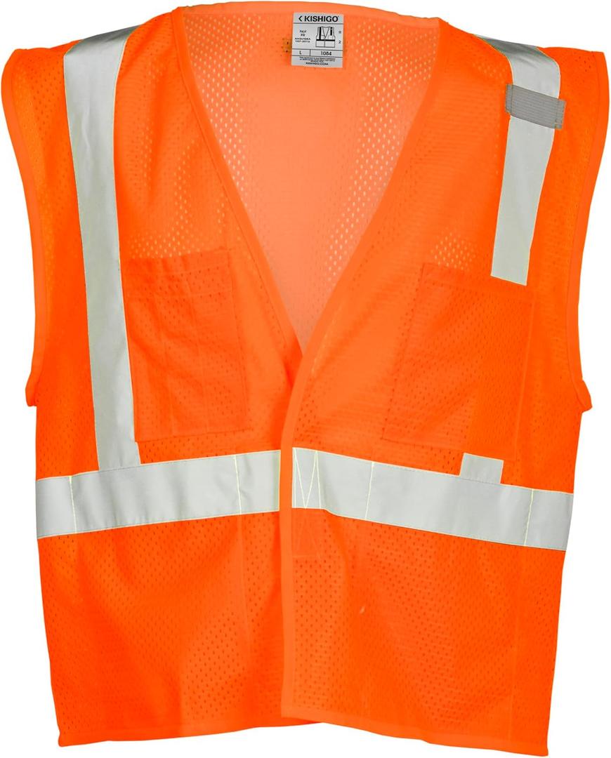 Kishigo Men's High Visibility Reflective 4 Pocket Hook & Loop Mesh Vest, Zipper, Polyester, ANSI 107 Type R/Class 2 (Orange, L)