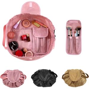 Drawstring Cinch Makeup Bag for Women - Drawstring Cosmetic Bag for Travel Toiletry Organizer with Brush Area (Pink)