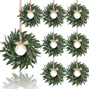 8 Pcs Artificial Green Olive Wreaths Greenery Wreath with Olive Leaves Mini Green Kitchen Cabinet Wreaths Swag Spring Summer Wreath for Front Door Porch Wall Window Farmhouse Wedding Decoration