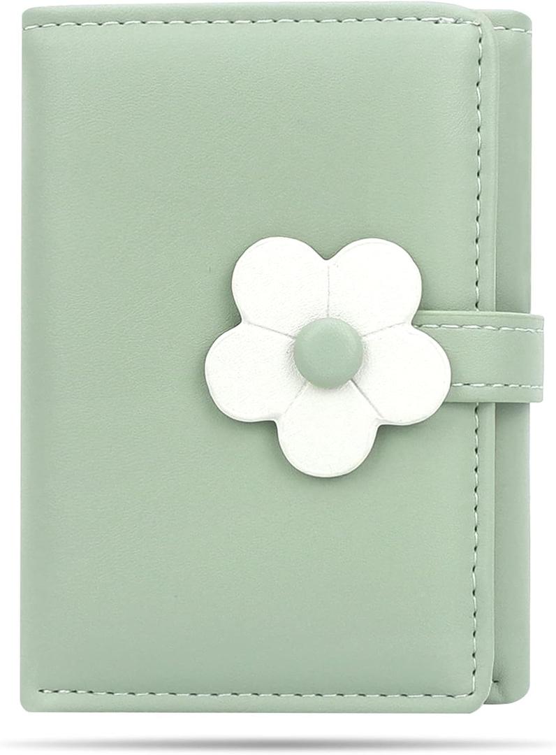 Cute Wallets for Teen Girls, Aesthetic Coquette Trifold Womens Small Wallet with Card Holder ID Window (Green Flower)