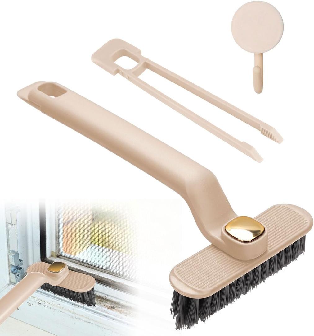 Rotating Crevice Cleaning Brush, Multi Function Crevice Brush Built-in Clamp Shovel 3 in 1 Hard Bristle Gap Cleaning Brush Cleaning Tool for Corners Bathroom Tile, 1 Hook (Light Brown)