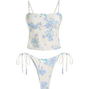 seamoly Womens Tankini Bikini Set Sexy Tie Back Two Piece Bathing Suit Cheeky High Cut Triangle Thong Swimsuit Blue Floral M