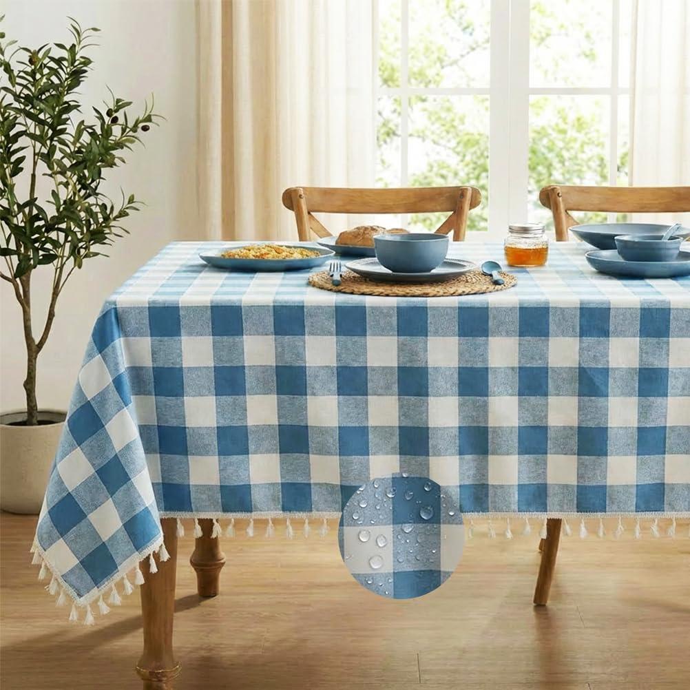 Deep Dream Water-Resistant Checkered Tablecloth Rectangle, Cotton Linen Gingham Table Cloth with Tassel, Wrinkle Free Buffalo Plaid Table Cover for Picnic Kitchen Dining Room - 55 x 70 Inch, Blue