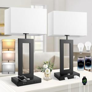 3 Color Temperatures Table Lamps for Bedrooms Set of 2, 22 Touch Control Bedside Nightstand Lamps with 2 USB Ports & AC Outlet, Stepless Dimmable Lamps with White Shade, Modern Decor for Living Room, Black