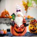 Halloween Pumpkin Gnome Statue with LED Light for Holiday Decorations Indoor Ghost Gnome Pumpkin Holding Ghostly Frog Halloween Props Collectible Figurine Fall Harvest Funny Gifts for Party (Orange)