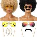 Mepase 9 Pcs 70s 80s Afro Wigs with Mustache Glasses Necklaces Earrings for Couple Halloween Men Women Hippies Disco Costume