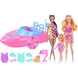 dollbie Fashion Dolls and Boat Playset - 11.5 Inch Dolls with Swimwear, Life Vests, Accessories, 5.5 Inch Doll, Pet Puppy and Dolphin Toy - Summer Beach Adventure Gift Set for Girls