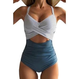 Eomenie Women's One Piece Swimsuits Tummy Control Cutout High Waisted Bathing Suit Wrap Tie Back 1 Piece Swimsuit, M, Blue Striped
