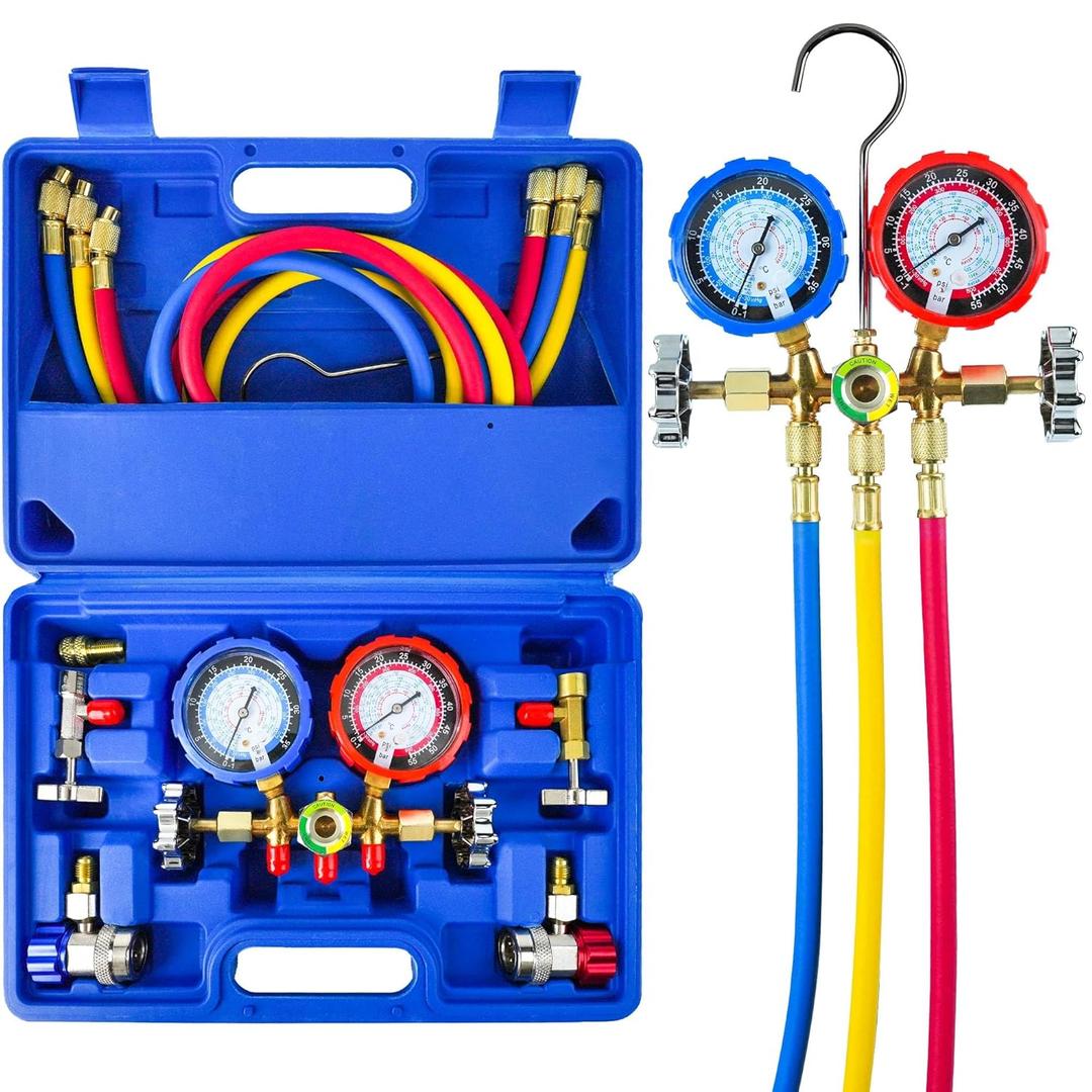 CALPOSE 3 Way AC Gauge, AC Manifold Gauge Set for R134a R410a R12 R22 R502 Refrigerant, AC Gauges with 5FT Hoses, R410a Adapter, Puncturing & Self Sealing Can Tap