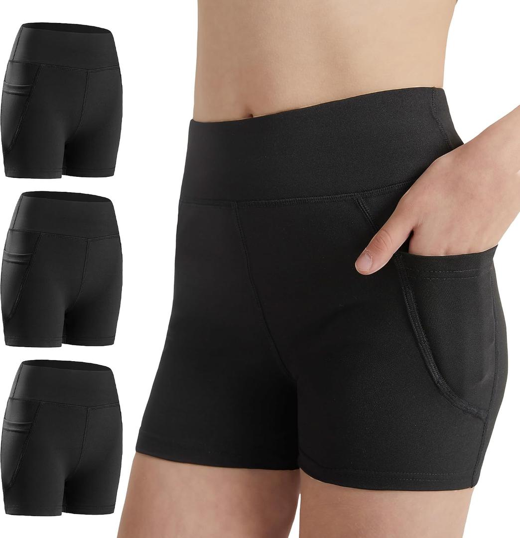 DIPUG Girls Volleyball Shorts 3 Pack with Pockets Kids High Waist Biker Shorts for Dance Yoga Cheer Gymnastics, Size: 11-13 Years